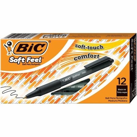 Bic BIC SCSM11BK, SOFT FEEL RETRACTABLE BALLPOINT PEN, MEDIUM 1MM, BLACK INK/BARREL, DOZEN, 12PK BICSCSM11BK